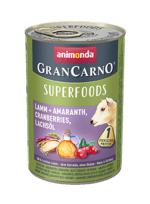 ANIMONDA GRANCARNO - SUPERFOODS LAMB + AMARANTHUS, CRANBERRIES, SALMON OIL CASE OF 6 WET CANNED DOG FOOD 400g