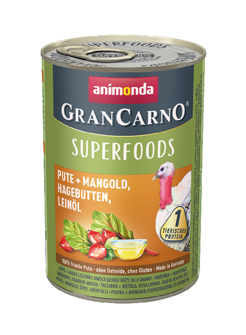 ANIMONDA GRANCARNO - SUPERFOODS TURKEY + CHARD, ROSEHIPS, LINSEED OIL CASE OF 6 WET CANNED DOG FOOD 400g