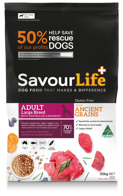 SAVOURLIFE Gluten Free Kangaroo Ancient Grain Adult Large Breed Dry Dog Food 20kg