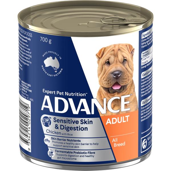 ADVANCE ADULT ALL BREED SENSITIVE SKIN &amp; DIGESTION CHICKEN &amp; RICE CASE OF 12 WET DOG FOOD 700G