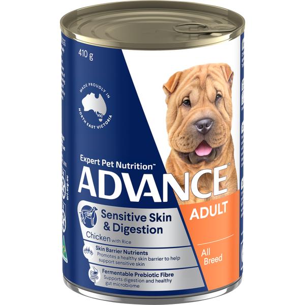 ADVANCE ADULT ALL BREED SENSITIVE SKIN &amp; DIGESTION CHICKEN &amp; RICE CASE OF 12 WET DOG FOOD 410G