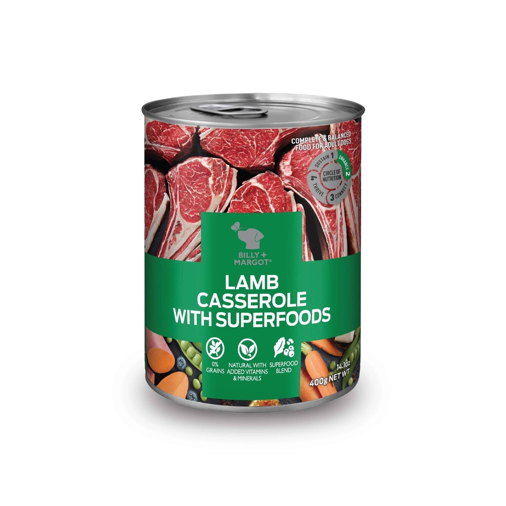 BILLY MARGOT LAMB CASSEROLE RECIPE WITH SUPERFOODS ADULT CASE OF 12 WET CANNED DOG FOOD 400G