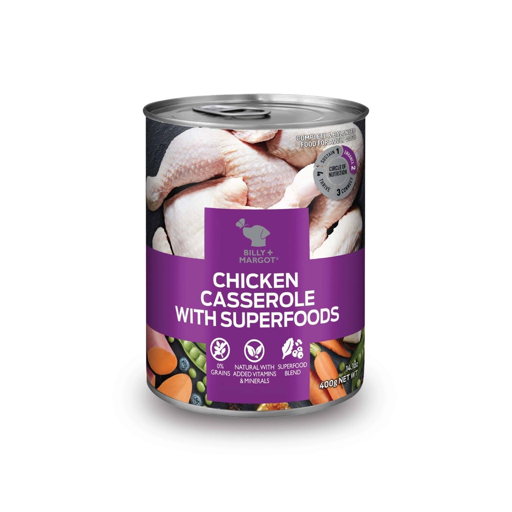 BILLY MARGOT CHICKEN CASSEROLE RECIPE WITH SUPERFOODS ADULT CASE OF 12 WET CANNED DOG FOOD 400G