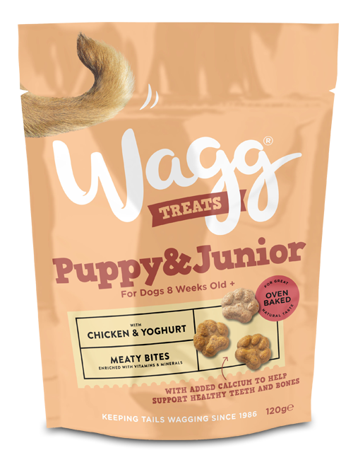 WAGG PUPPY &amp; JUNIOR MEATY BITES WITH CHICKEN &amp; YOGHURT OVEN BAKED DOG TREATS 120G