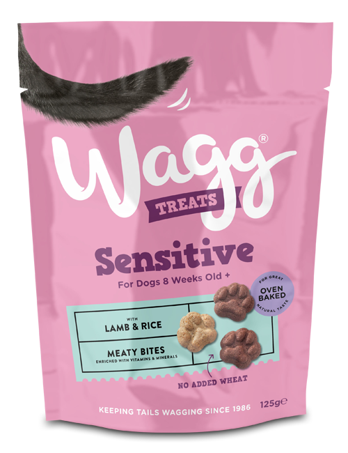 WAGG SENSITIVE MEATY BITES WITH LAMB &amp; RICE OVEN BAKED DOG TREATS 125G