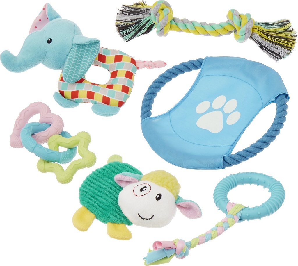 Frisco Little Friends Plush, Flyer &amp; TPR Variety Pack of 6 Puppy Toy