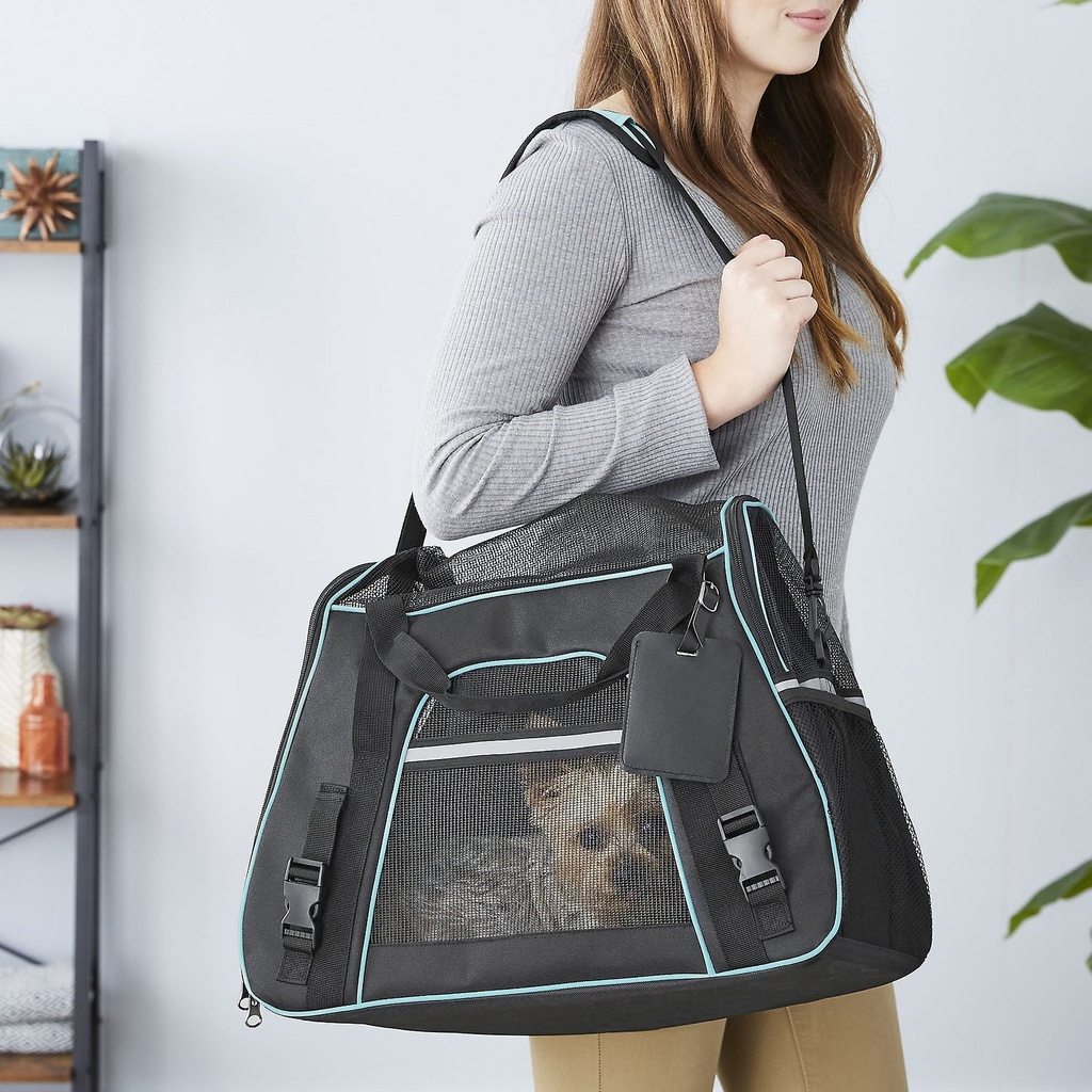 Frisco Basic Small/Medium Dog &amp; Cat Carrier Bag, Black, Teal Trim