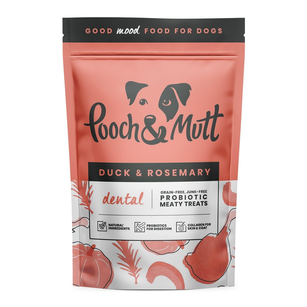 POOCH &amp; MUTT DUCK &amp; ROSEMARY DENTAL PROBIOTIC PACK OF 7 MEATY DOG TREATS 120g