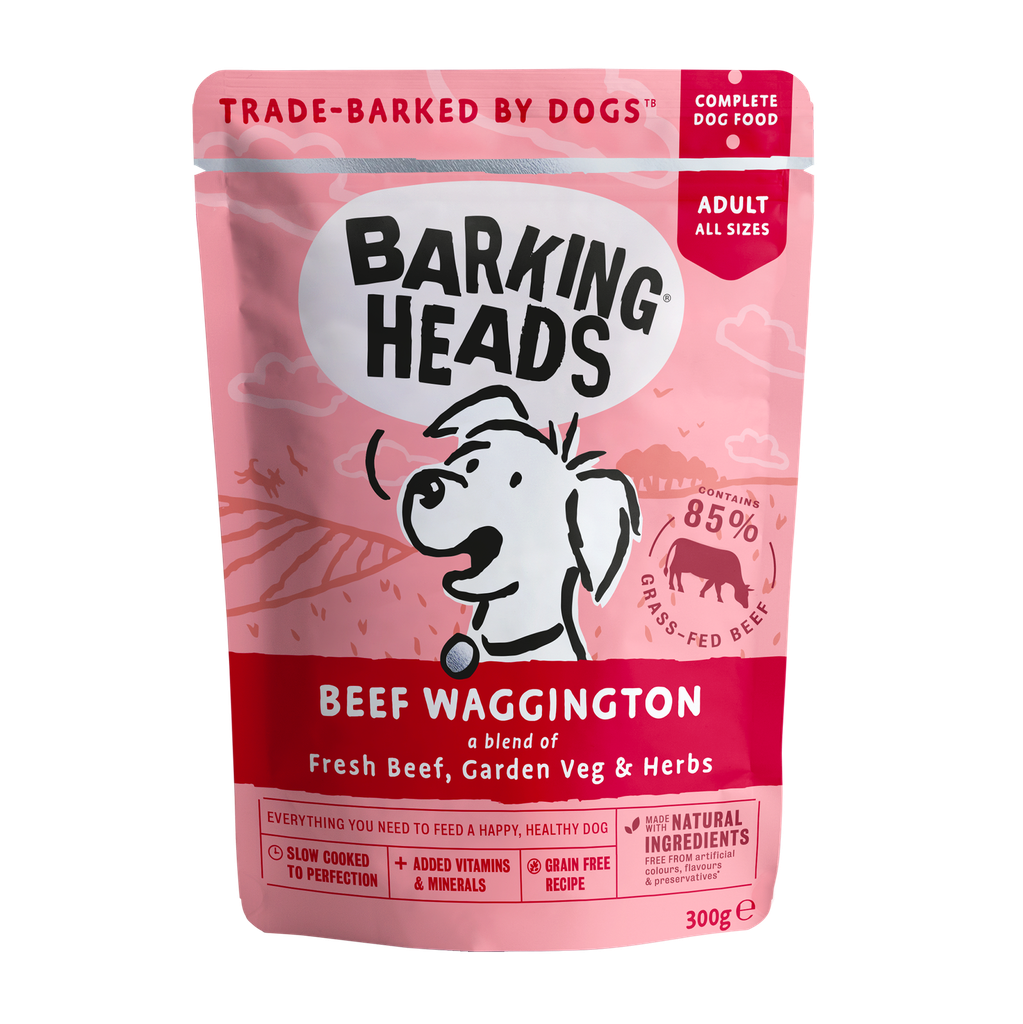 BARKING HEADS BEEF WAGGINGTON PACK OF 10 GRAIN-FREE WET DOG FOOD 300G