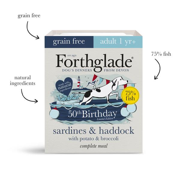 FORTHGALE Complete Meal Grain free Sardines &amp; Haddock With Potato &amp; Broccoli Natural Pack of 7 Wet Dog Food 395g