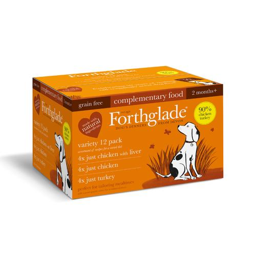 FORTHGALE Just Chicken, Chicken with Liver &amp; Turkey Variety Pack of 12 Natural Wet Dog Food 395g