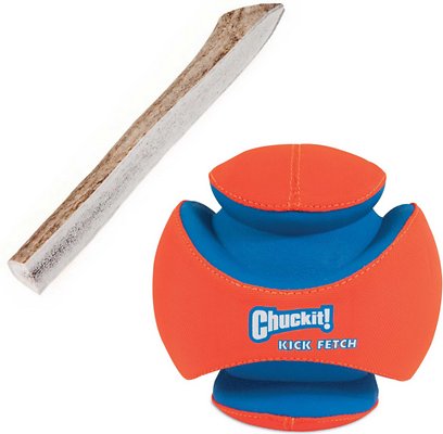 Bundle: Chuckit! Kick Fetch Ball Toy, Large + Bones &amp; Chews Made in USA Elk Antler Split Dog Chew, 7.25-8.5-in, Large