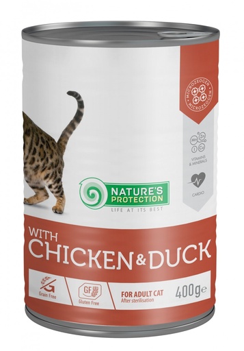 STERILISED CHICKEN &amp; DUCK COMPLETE PET FOOD WITH CHICKEN AND DUCK FOR ADULT CATS AFTER STERILISATION.400g