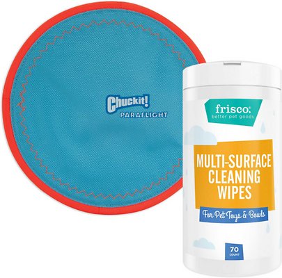 Bundle: Chuckit! Paraflight Flyer Toy, Large + Frisco Pet Toy &amp; Bowl Cleaning Wipes