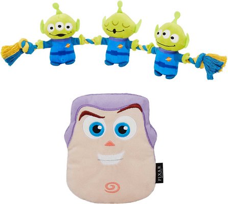 Pixar Aliens Plush with Rope Squeaky Toy + Buzz Lightyear Round Plush Squeaky Dog Toy