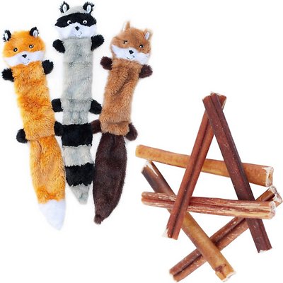 ZippyPaws Skinny Peltz No Stuffing Squeaky Plush Toys + Bones &amp; Chews Bully Stick 6" Dog Treats