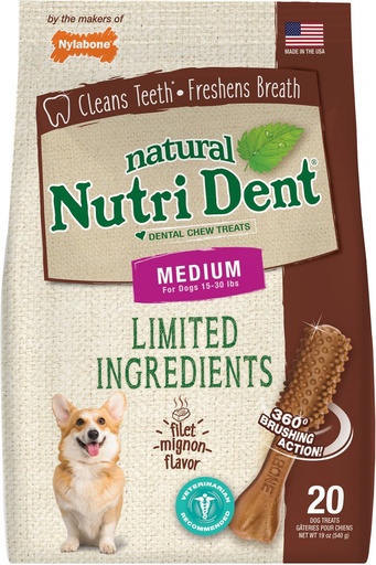 Nylabone Nutri Dent Limited Ingredients Filet Mignon Natural Medium Dental Dog Treats, 20 count, 540g
