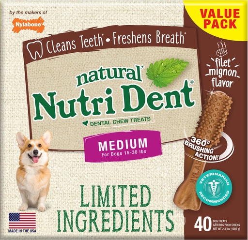 Nylabone Nutri Dent Limited Ingredients Filet Mignon Natural Medium Dental Dog Treats, 40 count 1kg