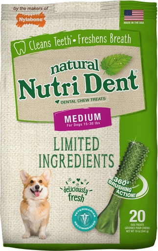 Nylabone Nutri Dent Limited Ingredients Fresh Breath Natural Medium Dental Dog Treats, 20 count