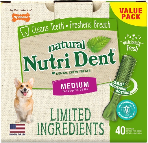 Nylabone Nutri Dent Limited Ingredients Fresh Breath Natural Medium Dental Dog Treats, 40 count, 1kg