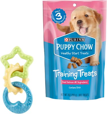 Nylabone Teething Rings Chew Toy + Puppy Chow Healthy Start Salmon Flavor Training Dog Treats