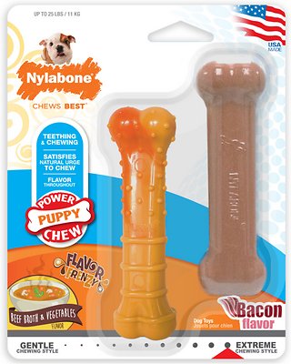 Nylabone Puppy Power Tough Beef Broth, Vegetables Flavor &amp; Bacon Flavor Dog Chew Toys, 2 count