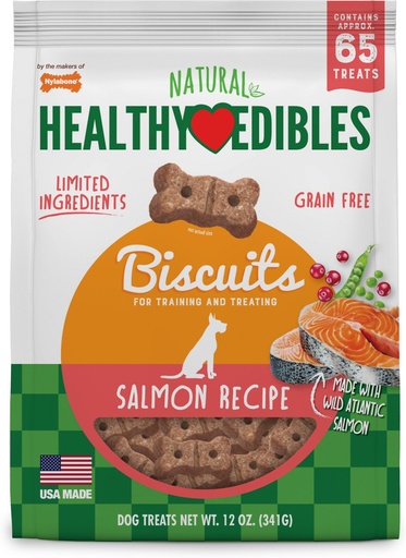 Nylabone Natural Healthy Edibles Grain-Free Biscuits Salmon Recipe Grain-Free Dog Treats, 65 count, 341g