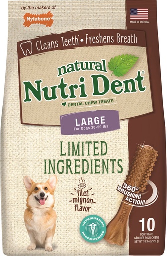 Nylabone Nutri Dent Limited Ingredients Filet Mignon Natural Large Dental Dog Treats, 10 count, 520g