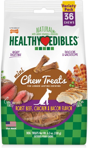 Nylabone Healthy Edibles Mini Roast Beef, Chicken &amp; Bacon Flavored Dog Treat Bones, 36 count, 180g