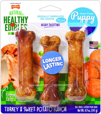 Nylabone Healthy Edibles Longer Lasting Triple Pack Puppy Turkey &amp; Sweet Potato Flavor Dog Bone Treats, Small, 4.5-in (3-pack)