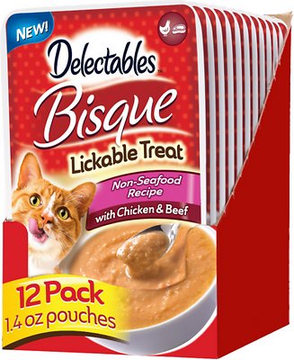 Hartz Delectables Bisque Non-Seafood Recipe Chicken &amp; Beef Lickable Wet Cat Treats, case of 12, 39g