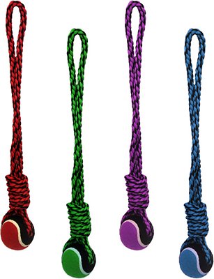 Multipet Nuts For Knots Long Rope Tug &amp; Tennis Ball Dog Toy, Color Varies
