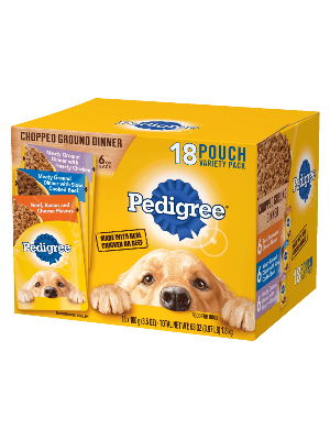 PEDIGREE Chopped Ground Dinner 18ct Beef, Bacon, and Cheese Flavor, Bacon and Filet Mignon Flavor, Meaty Ground Dinner with Hearty Chicken Wet Dog Food 1.8kg