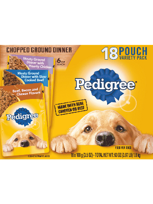 PEDIGREE Chopped Ground Dinner 18ct Beef, Bacon, and Cheese Flavor, Meaty Ground Dinner with Slow Cooked Beef, Meaty Ground Dinner with Hearty Chicken Wet Dog Food 1.8kg