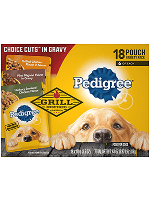 PEDIGREE CHOICE CUTS 18ct Grill-Inspired Classics Hickory Smoked Chicken, Grilled Chicken in Sauce, and Filet Mignon Flavor in Gravy Wet Dog Food 1.8kg