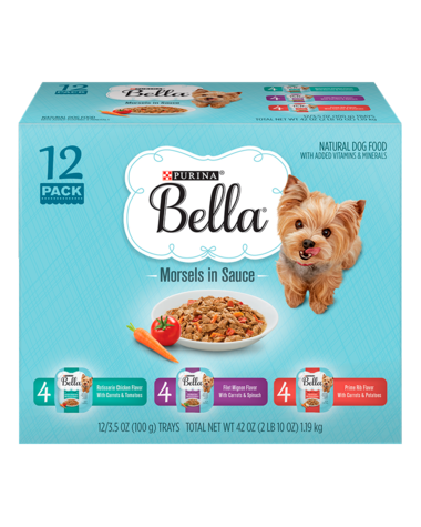 PURINA Bella Morsels Filet Mignon Flavor, Rotisserie Chicken Flavor, Prime Rib Flavor Variety Pack of 12 Small Breed Wet Dog Food 1.19kg
