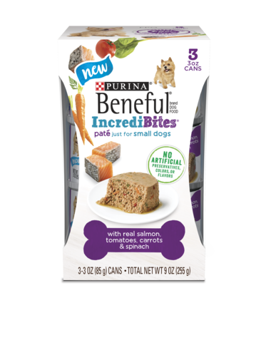 PURINA Beneful IncrediBites Paté With Real Salmon, Tomatoes, Carrots and Spinach 3 Can Wet Small Dog Food 255g