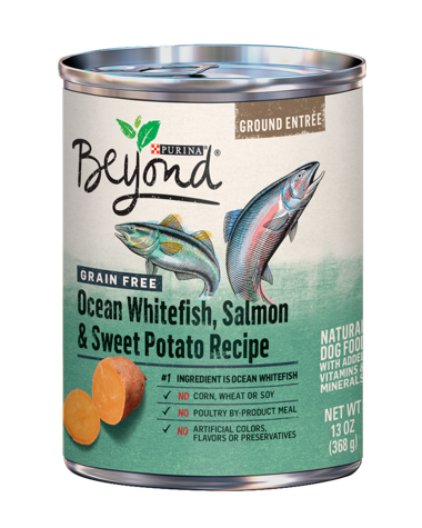 PURINA Beyond Ground Entrée Grain Free Ocean Whitefish, Salmon &amp; Sweet Potato Recipe Pack of 12 Wet Dog Food 368g