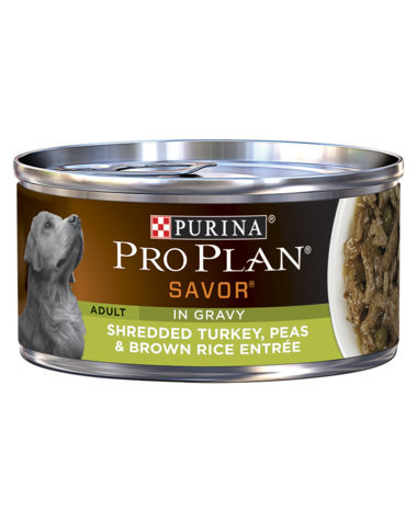 PURINA Pro Plan SAVOR Adult Shredded Turkey, Peas &amp; Brown Rice Entrée In Gravy Case of 24 Wet Dog Food 156g