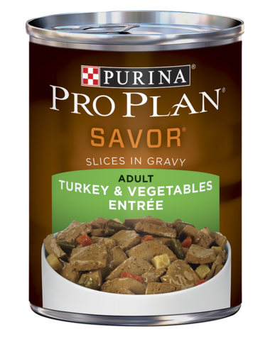 PURINA Pro Plan SAVOR Adult Turkey &amp; Vegetables Entrée Slices in Gravy Case of 12 Wet Dog Food 368g