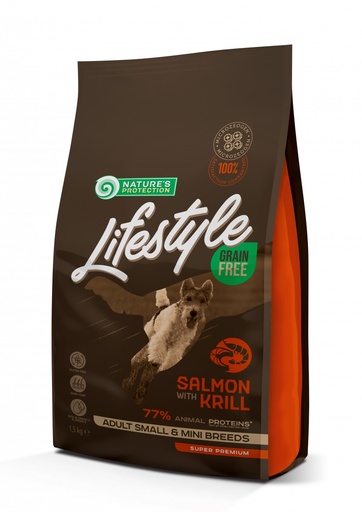 NATURES PROTECTION LIFESTYLE GRAIN FREE ADULT SALMON WITH KRILL SMALL AND MINI BREEDS COMPLETE DOGFOOD 10kg
