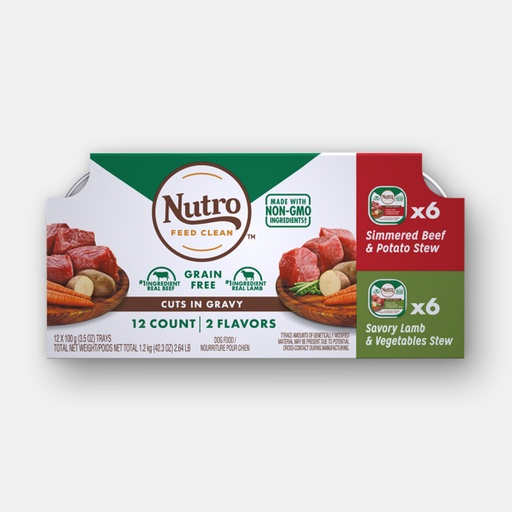 Nutro Grain-Free Simmered Beef Stew &amp; Savory Lamb Stew Cuts in Gravy Variety Pack of 12 Adult Dog Food Trays 1.2kg