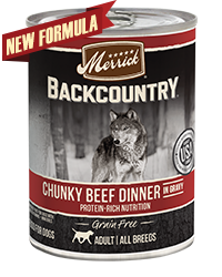 Merrick Backcountry Chunky Beef in Gravy Grain Free Case of 12 Wet Dog Food 360g