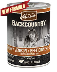 Merrick Backcountry Chunky Venison + Beef in Gravy Grain Free Case of 12 Wet Dog Food 360g