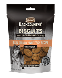 Merrick Backcountry Biscuits Real Salmon + Whitefish Recipe Grain-Free Freeze-Dried Raw Coated Dog Treats 283g