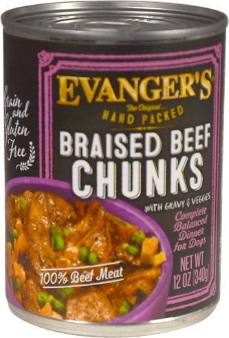 Evanger's Grain-Free Hand Packed Braised Beef Chunks with Gravy Case of 12 Canned Dog Food 340g