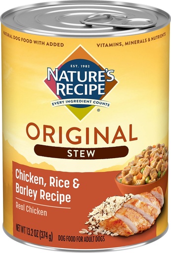 Nature's Recipe Easy-To-Digest Chicken, Rice &amp; Barley Recipe Cuts in Gravy Stew Case of 12 Canned Dog Food 374g