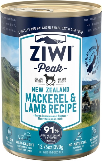 Ziwi Peak Mackerel &amp; Lamb Recipe Case of 12 Canned Dog Food 390g
