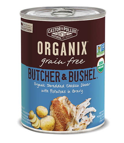 Castor &amp; Pollux Organix Grain-Free Butcher &amp; Bushel Organic Shredded Chicken Dinner in Gravy Adult Case of 12 Canned Dog Food 360g