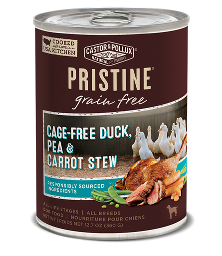 Castor &amp; Pollux PRISTINE Grain-Free Cage-Free Duck, Pea &amp; Carrot Stew Case of 12 Canned Dog Food 360g